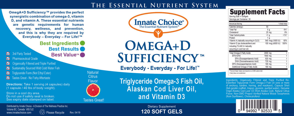 OmegA+D Sufficiency™ - High Potency CITRUS Gelcaps - SINGLE BOTTLE